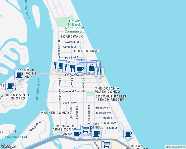 map of restaurants, bars, coffee shops, grocery stores, and more near 46 North Atlantic Avenue in New Smyrna Beach