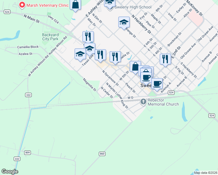 map of restaurants, bars, coffee shops, grocery stores, and more near 505 North Martin Luther King Street in Sweeny
