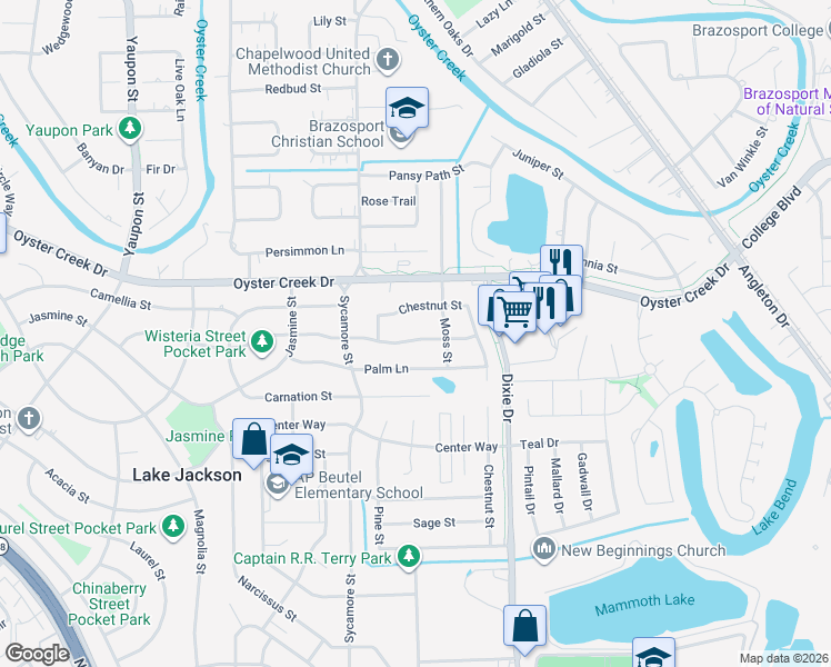 map of restaurants, bars, coffee shops, grocery stores, and more near 517 Wisteria Street in Lake Jackson