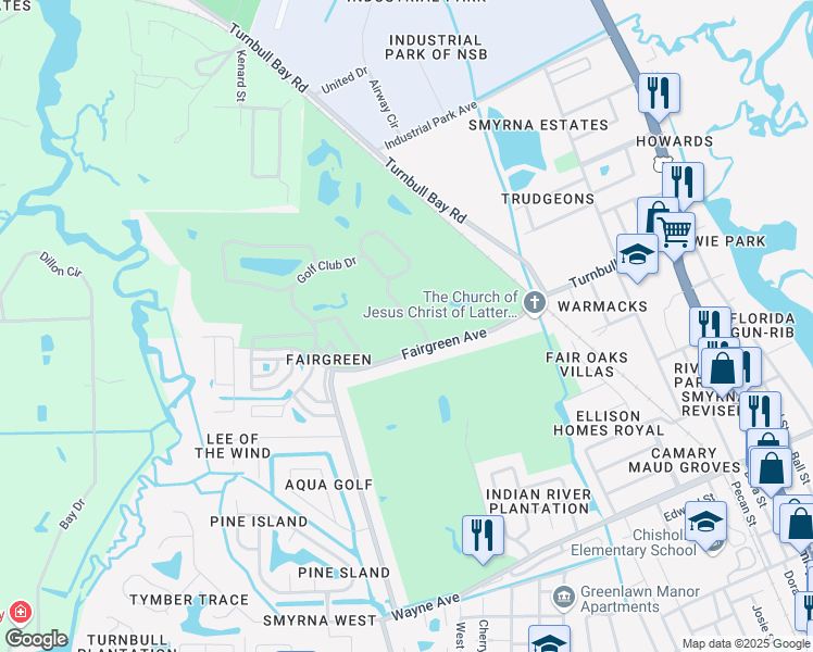 map of restaurants, bars, coffee shops, grocery stores, and more near 1134 Fairvilla Drive in New Smyrna Beach