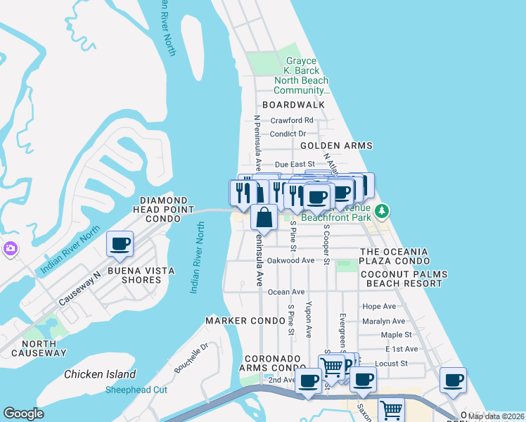 map of restaurants, bars, coffee shops, grocery stores, and more near 101 South Peninsula Avenue in New Smyrna Beach