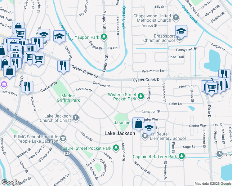 map of restaurants, bars, coffee shops, grocery stores, and more near 701 Winding Way Street in Lake Jackson