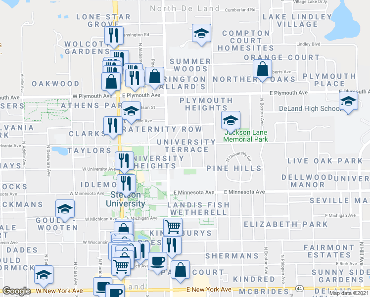 map of restaurants, bars, coffee shops, grocery stores, and more near 623 North Cherokee Avenue in DeLand