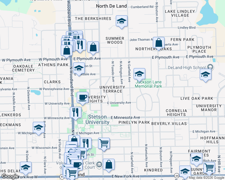 map of restaurants, bars, coffee shops, grocery stores, and more near 623 North Cherokee Avenue in DeLand