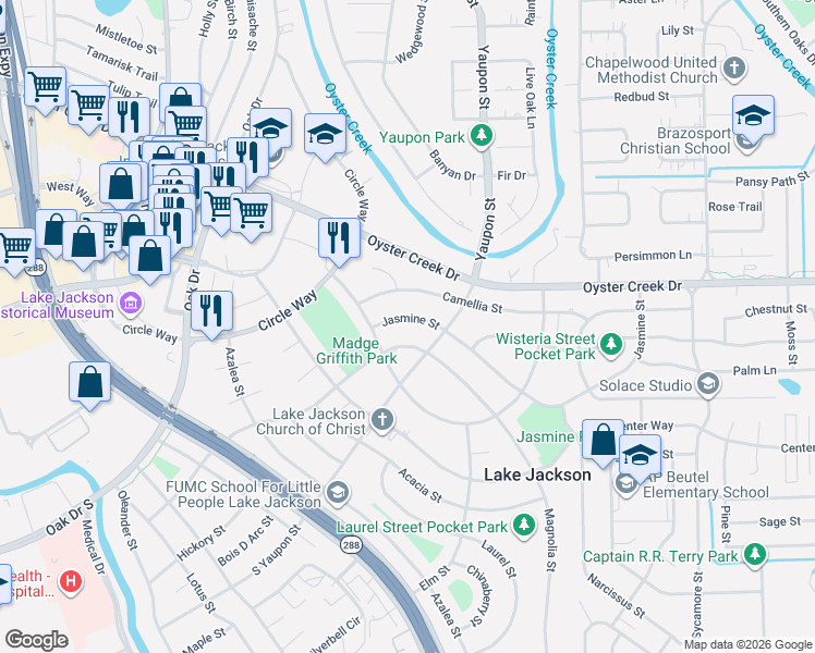 map of restaurants, bars, coffee shops, grocery stores, and more near 120 Jasmine Street in Lake Jackson