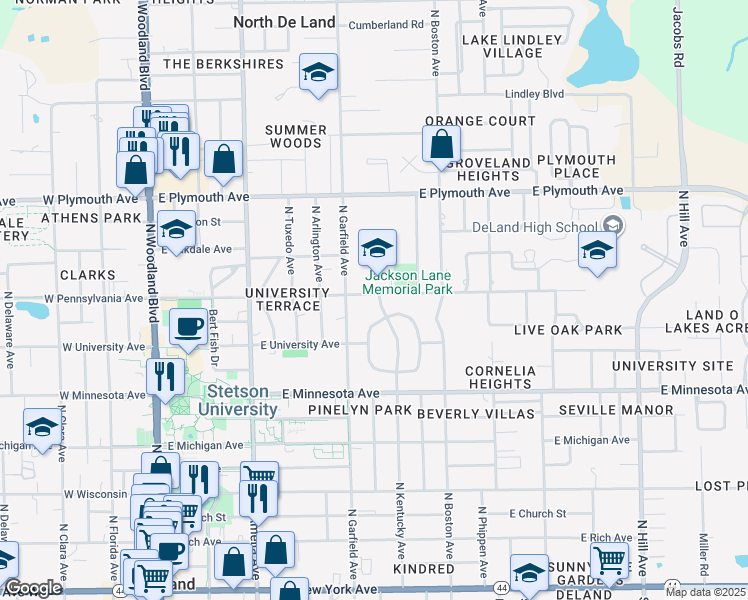 map of restaurants, bars, coffee shops, grocery stores, and more near 25 North University Circle in DeLand