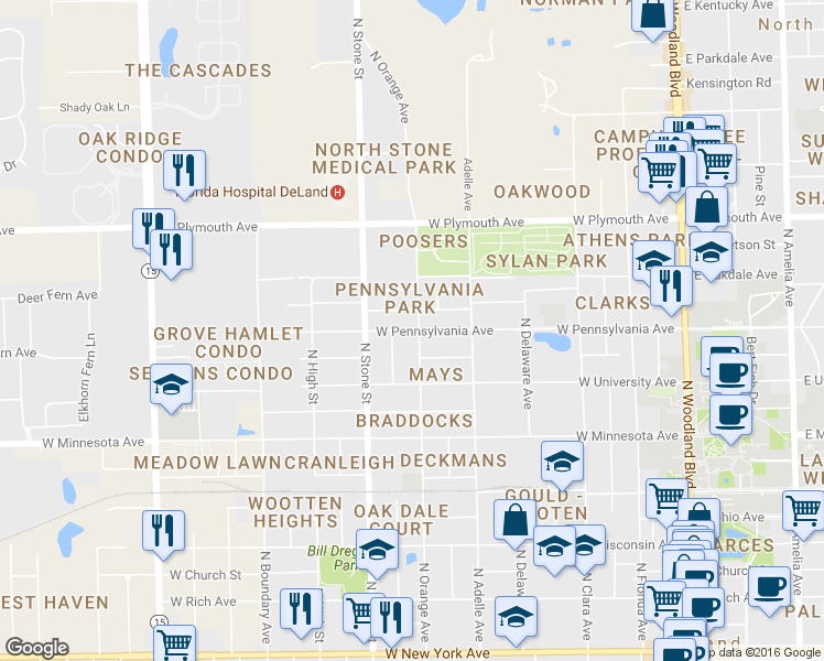 map of restaurants, bars, coffee shops, grocery stores, and more near 604 West Pennsylvania Avenue in DeLand