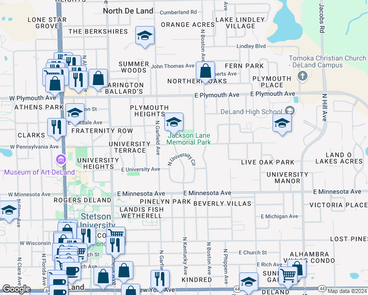 map of restaurants, bars, coffee shops, grocery stores, and more near 604 East Pennsylvania Avenue in DeLand
