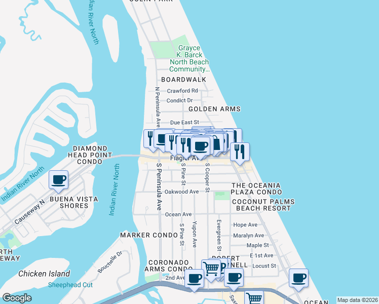 map of restaurants, bars, coffee shops, grocery stores, and more near 315 Flagler Avenue in New Smyrna Beach