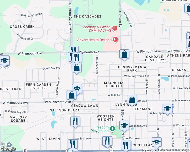 map of restaurants, bars, coffee shops, grocery stores, and more near 702 North Boundary Avenue in DeLand