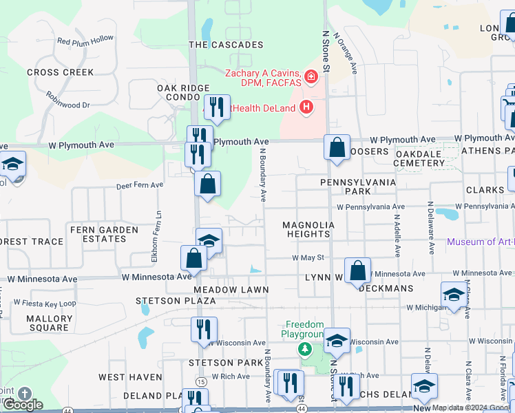 map of restaurants, bars, coffee shops, grocery stores, and more near 702 North Boundary Avenue in DeLand