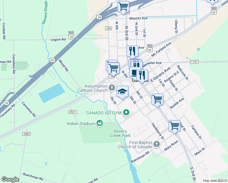 map of restaurants, bars, coffee shops, grocery stores, and more near 104 6th Street in Ganado