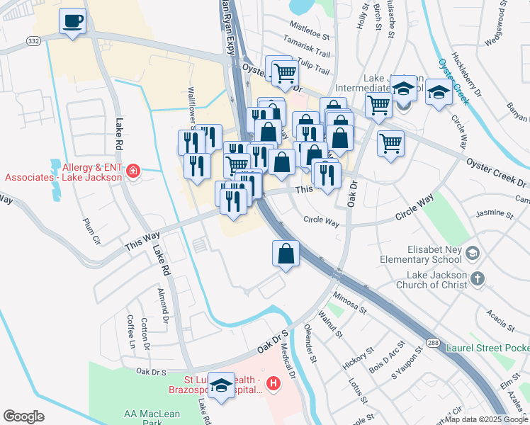 map of restaurants, bars, coffee shops, grocery stores, and more near Highway 332 in Lake Jackson