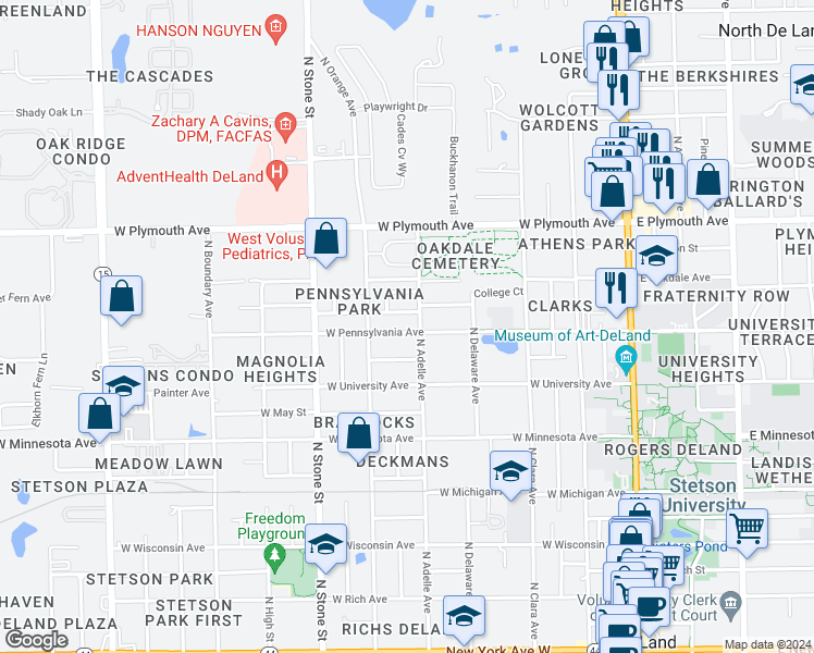 map of restaurants, bars, coffee shops, grocery stores, and more near 529 West Pennsylvania Avenue in DeLand