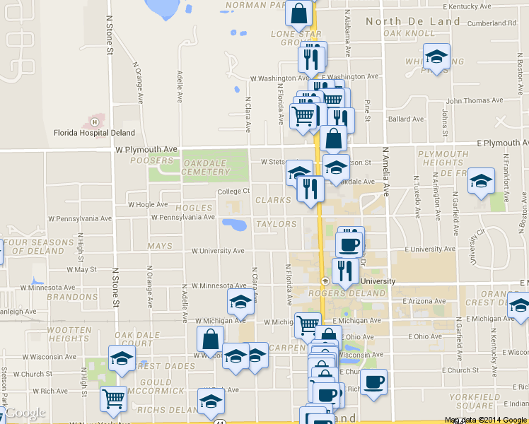 map of restaurants, bars, coffee shops, grocery stores, and more near 733 North Clara Avenue in DeLand
