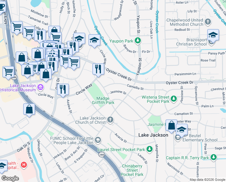 map of restaurants, bars, coffee shops, grocery stores, and more near in Lake Jackson