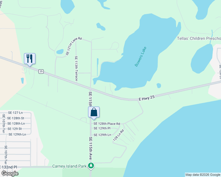 map of restaurants, bars, coffee shops, grocery stores, and more near 11629 East Highway 25 in Ocklawaha