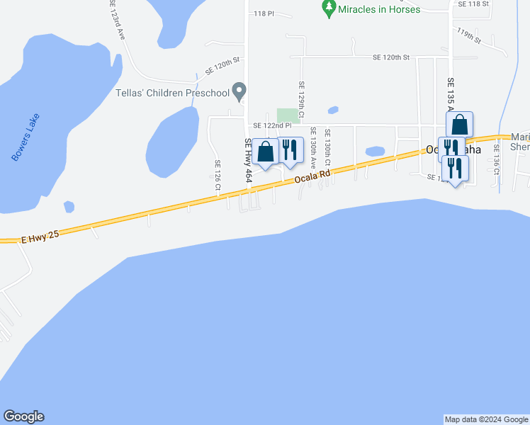 map of restaurants, bars, coffee shops, grocery stores, and more near 12770 East Highway 25 in Ocklawaha