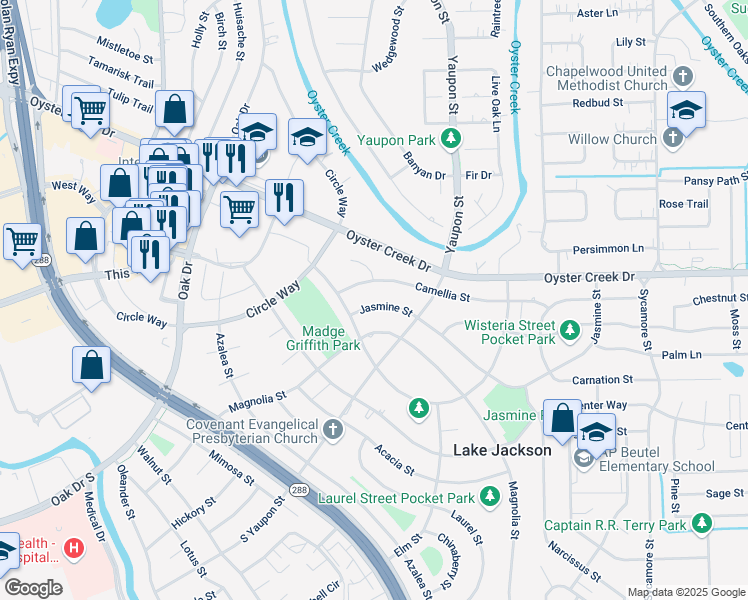 map of restaurants, bars, coffee shops, grocery stores, and more near 111 Jasmine Street in Lake Jackson