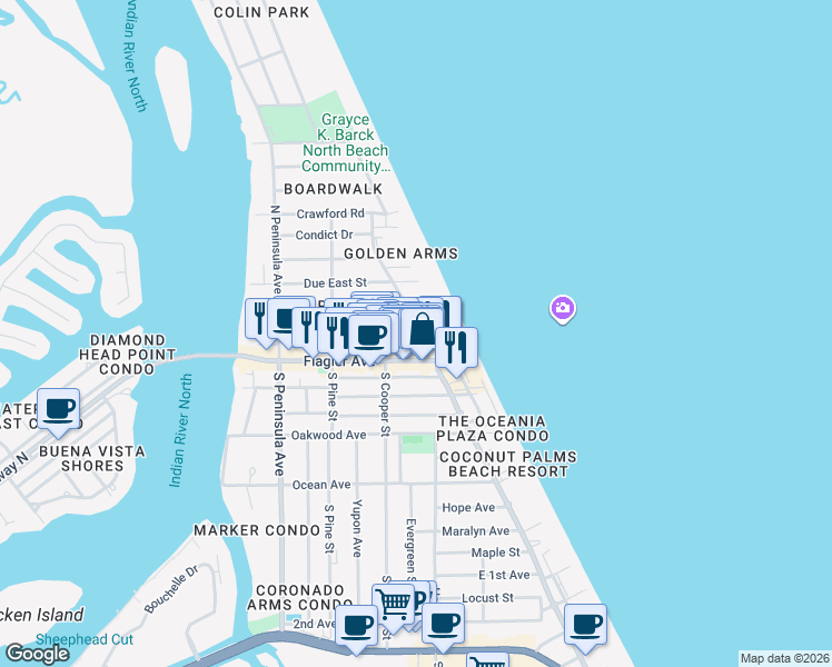 map of restaurants, bars, coffee shops, grocery stores, and more near 204 North Atlantic Avenue in New Smyrna Beach