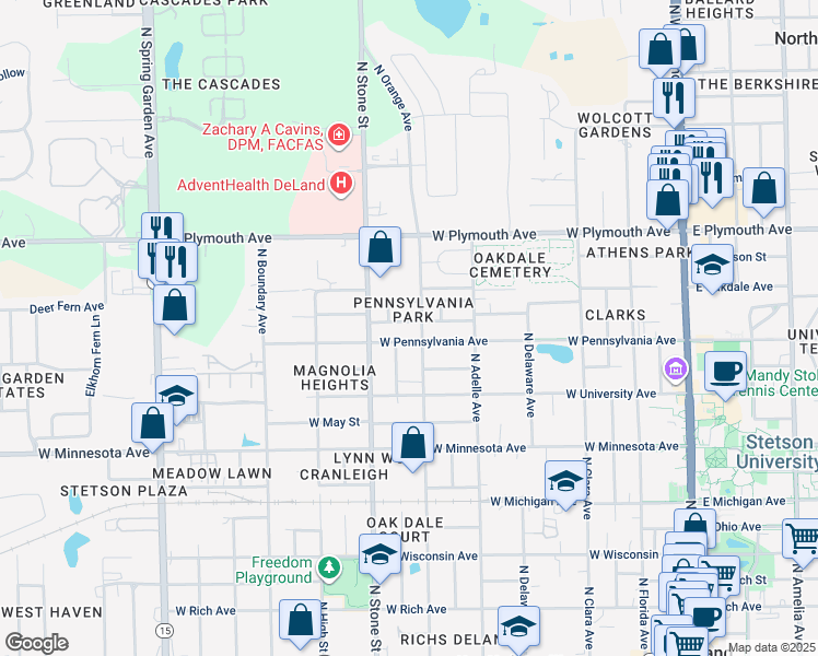 map of restaurants, bars, coffee shops, grocery stores, and more near 600 West Hogle Avenue in DeLand