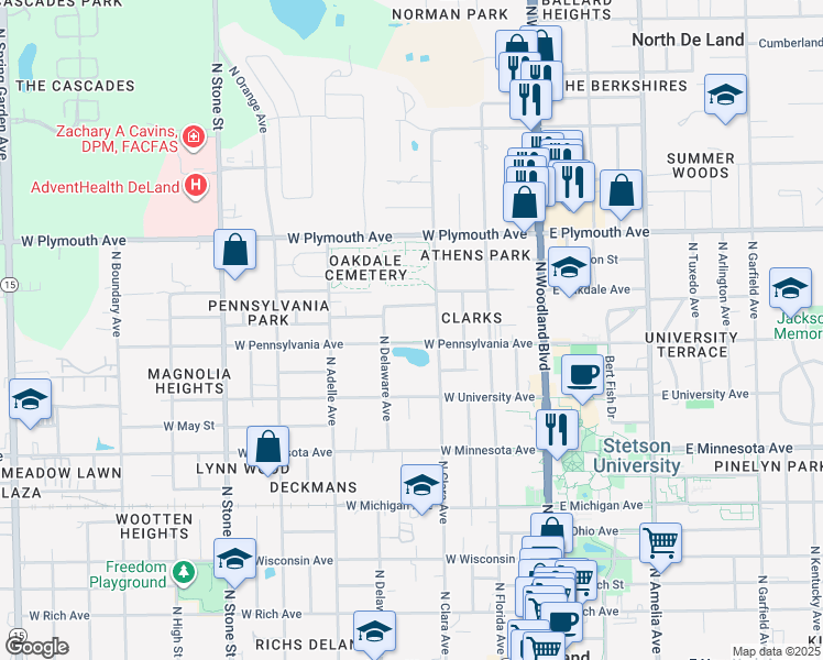 map of restaurants, bars, coffee shops, grocery stores, and more near 328 College Court in DeLand
