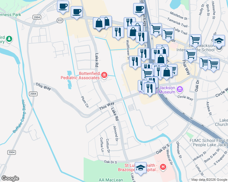 map of restaurants, bars, coffee shops, grocery stores, and more near 200 Lake Road in Lake Jackson