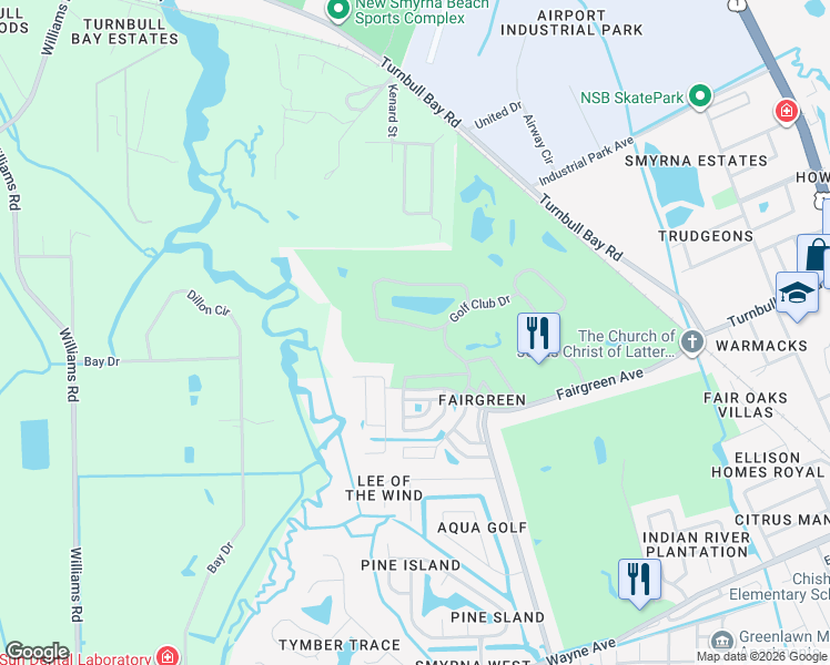 map of restaurants, bars, coffee shops, grocery stores, and more near 15 Lake Fairgreen Circle in New Smyrna Beach