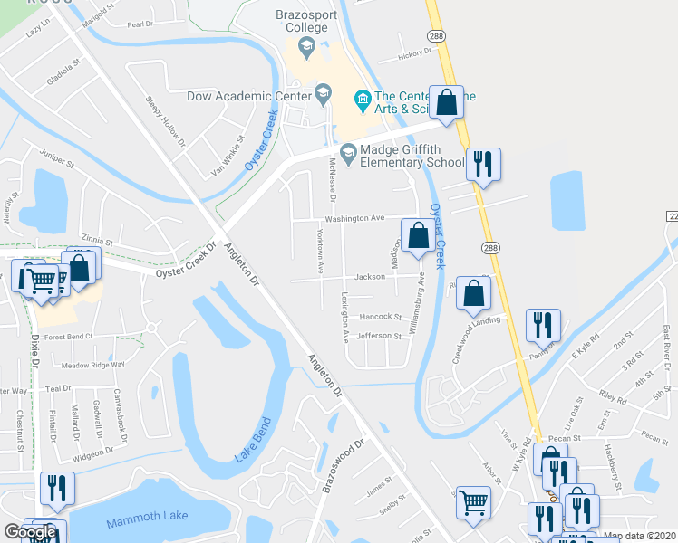 map of restaurants, bars, coffee shops, grocery stores, and more near 220 Lexington Avenue in Clute