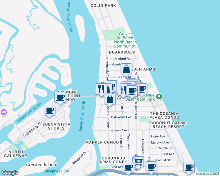 map of restaurants, bars, coffee shops, grocery stores, and more near 202 Esther Street in New Smyrna Beach