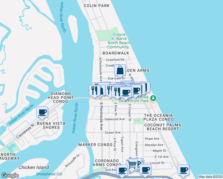map of restaurants, bars, coffee shops, grocery stores, and more near 300 North Pine Street in New Smyrna Beach