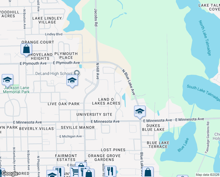 map of restaurants, bars, coffee shops, grocery stores, and more near 734 Astoria Drive in DeLand