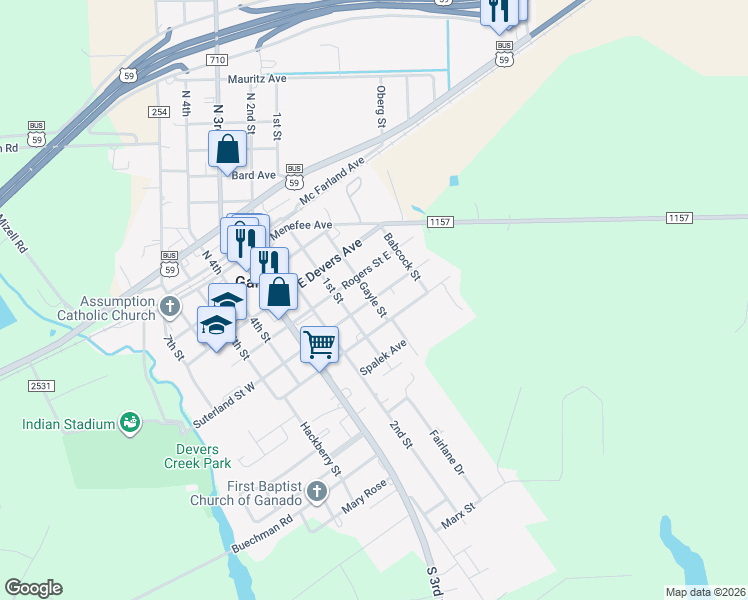 map of restaurants, bars, coffee shops, grocery stores, and more near 503 Gayle Street in Ganado
