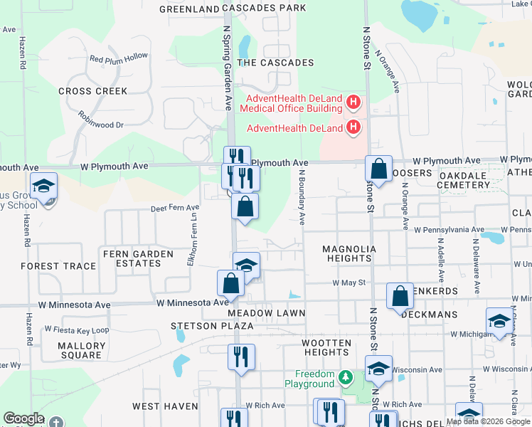 map of restaurants, bars, coffee shops, grocery stores, and more near 795 North Spring Garden Avenue in DeLand