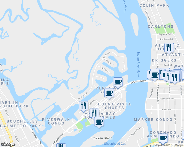 map of restaurants, bars, coffee shops, grocery stores, and more near 240 Quay Assisi in New Smyrna Beach