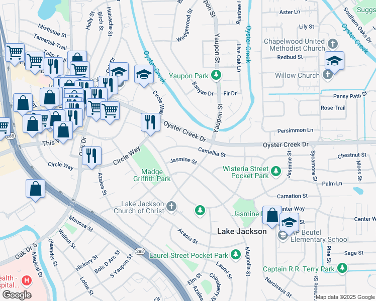 map of restaurants, bars, coffee shops, grocery stores, and more near 122 Camellia Street in Lake Jackson