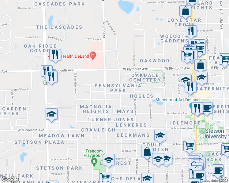map of restaurants, bars, coffee shops, grocery stores, and more near 605 West Hogle Avenue in DeLand