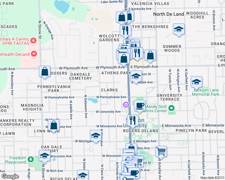 map of restaurants, bars, coffee shops, grocery stores, and more near 718 North Florida Avenue in DeLand