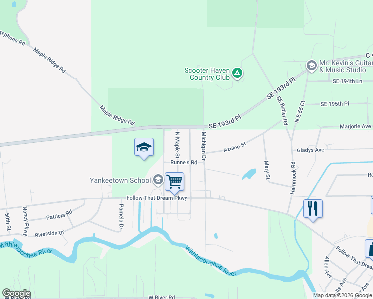 map of restaurants, bars, coffee shops, grocery stores, and more near 130 North Hawthorne Drive in Inglis