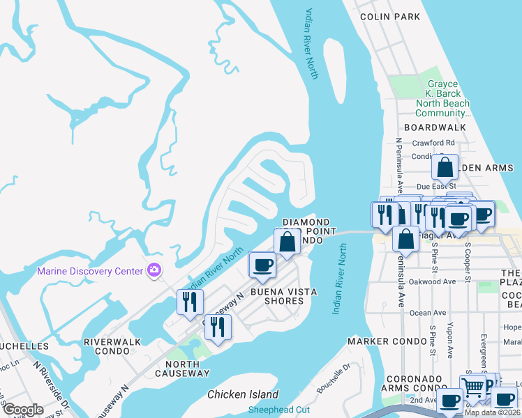 map of restaurants, bars, coffee shops, grocery stores, and more near 130 Vía Capri in New Smyrna Beach