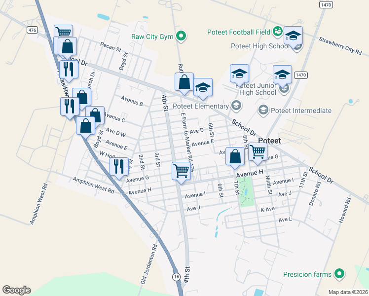 map of restaurants, bars, coffee shops, grocery stores, and more near 473 Avenue E in Poteet