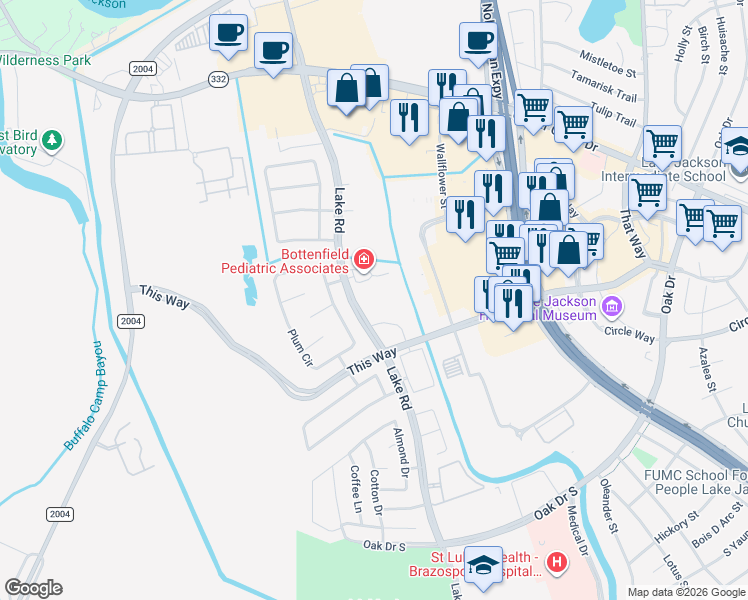 map of restaurants, bars, coffee shops, grocery stores, and more near 200 Lake Road in Lake Jackson
