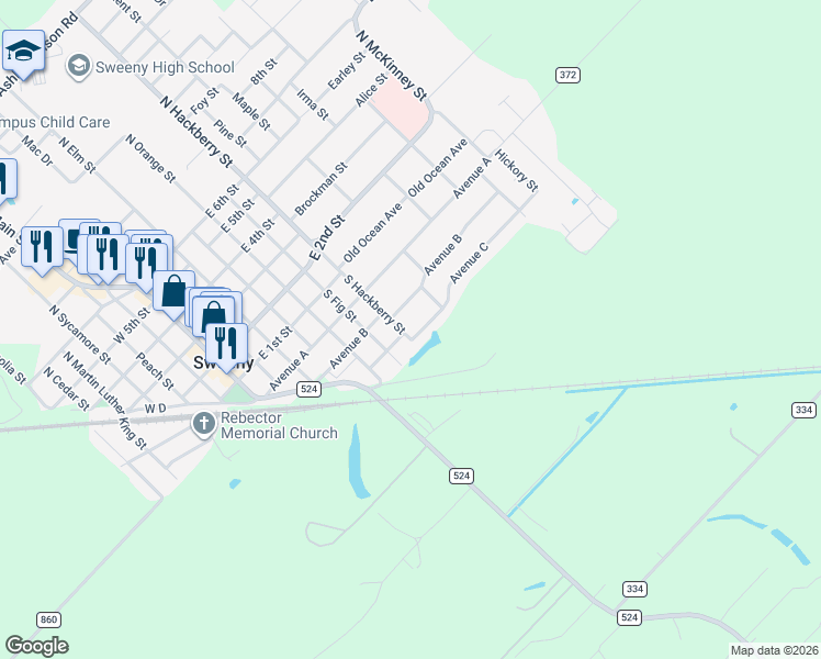 map of restaurants, bars, coffee shops, grocery stores, and more near 307 South Hackberry Street in Sweeny