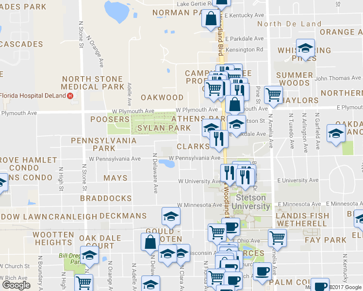 map of restaurants, bars, coffee shops, grocery stores, and more near 733 North Clara Avenue in DeLand