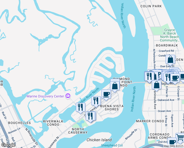 map of restaurants, bars, coffee shops, grocery stores, and more near 240 Quay Assisi in New Smyrna Beach