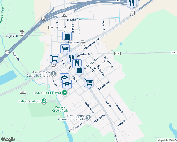 map of restaurants, bars, coffee shops, grocery stores, and more near 307 2nd Street in Ganado