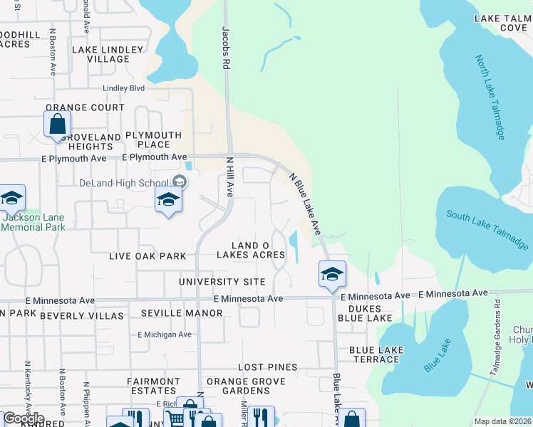 map of restaurants, bars, coffee shops, grocery stores, and more near 734 Astoria Drive in DeLand