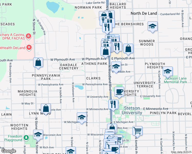 map of restaurants, bars, coffee shops, grocery stores, and more near 722 North Florida Avenue in DeLand