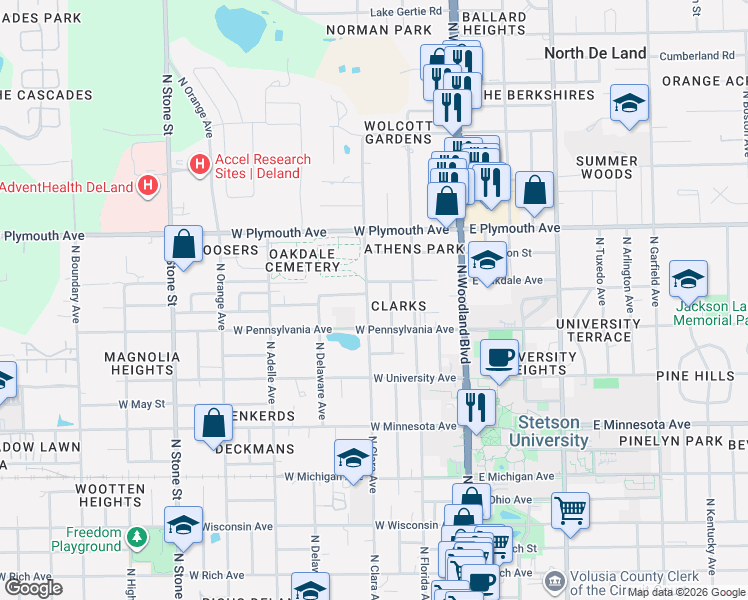 map of restaurants, bars, coffee shops, grocery stores, and more near 733 North Clara Avenue in DeLand
