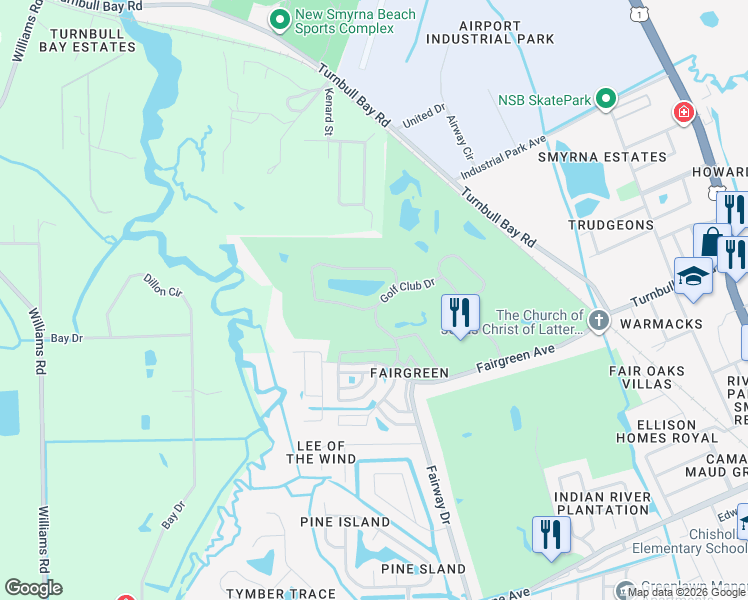 map of restaurants, bars, coffee shops, grocery stores, and more near 102 Golf Club Drive in New Smyrna Beach